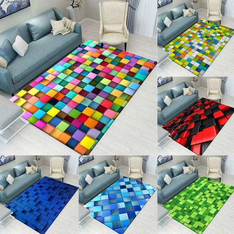 Large Area Rug 3D Block Flannel Carpets for Living Room Bedroom Anti-Slip Floor Mat Kitchen Tapete Memory Foam Carpet