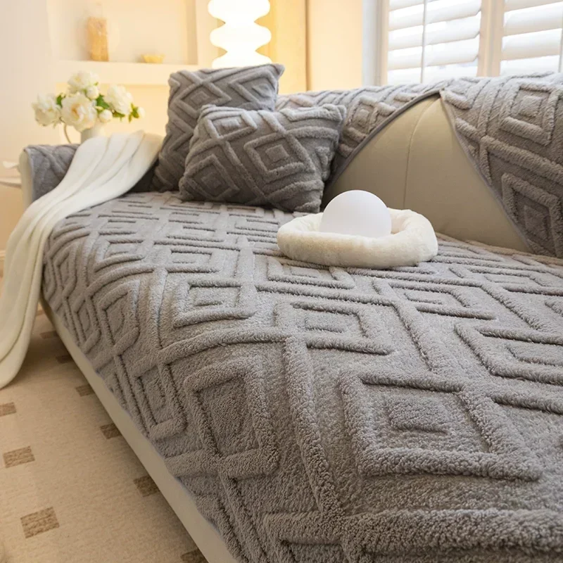 Jacquard Plush Sofa Cover Solid Color Non-Slip Couch Cushion Towel Warm Winter Thicken Sofa Covers for Living Room L-shaped sofa cover