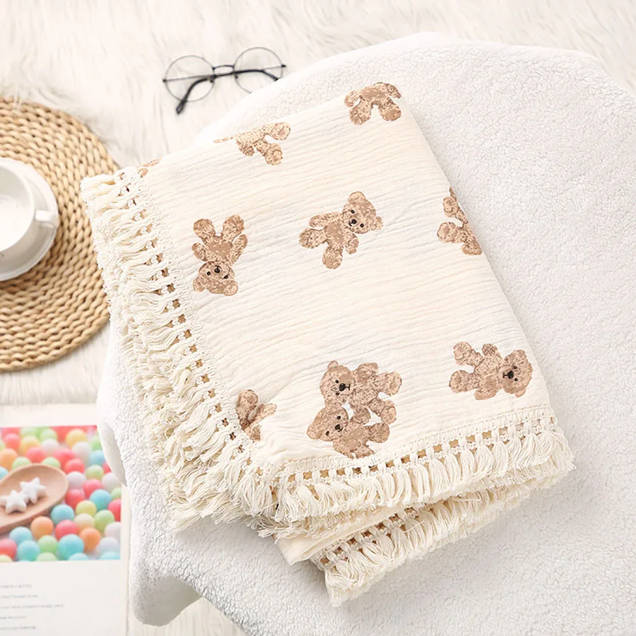 Cute Bear Muslin Squares Cotton Baby Blanket for Newborn Plaid Infant Swaddle Blanket Babies Accessories Bed Summer Comforter 1
