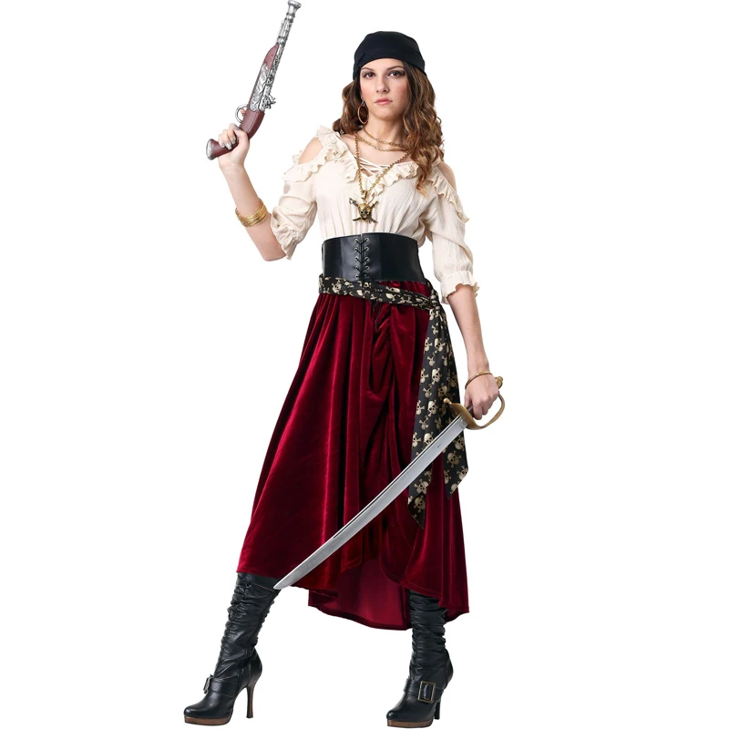 

Lady Carnival Halloween Caribbean Pirates Costume Top Skirt Elizabeth Outfit Cosplay Fancy Party Dress