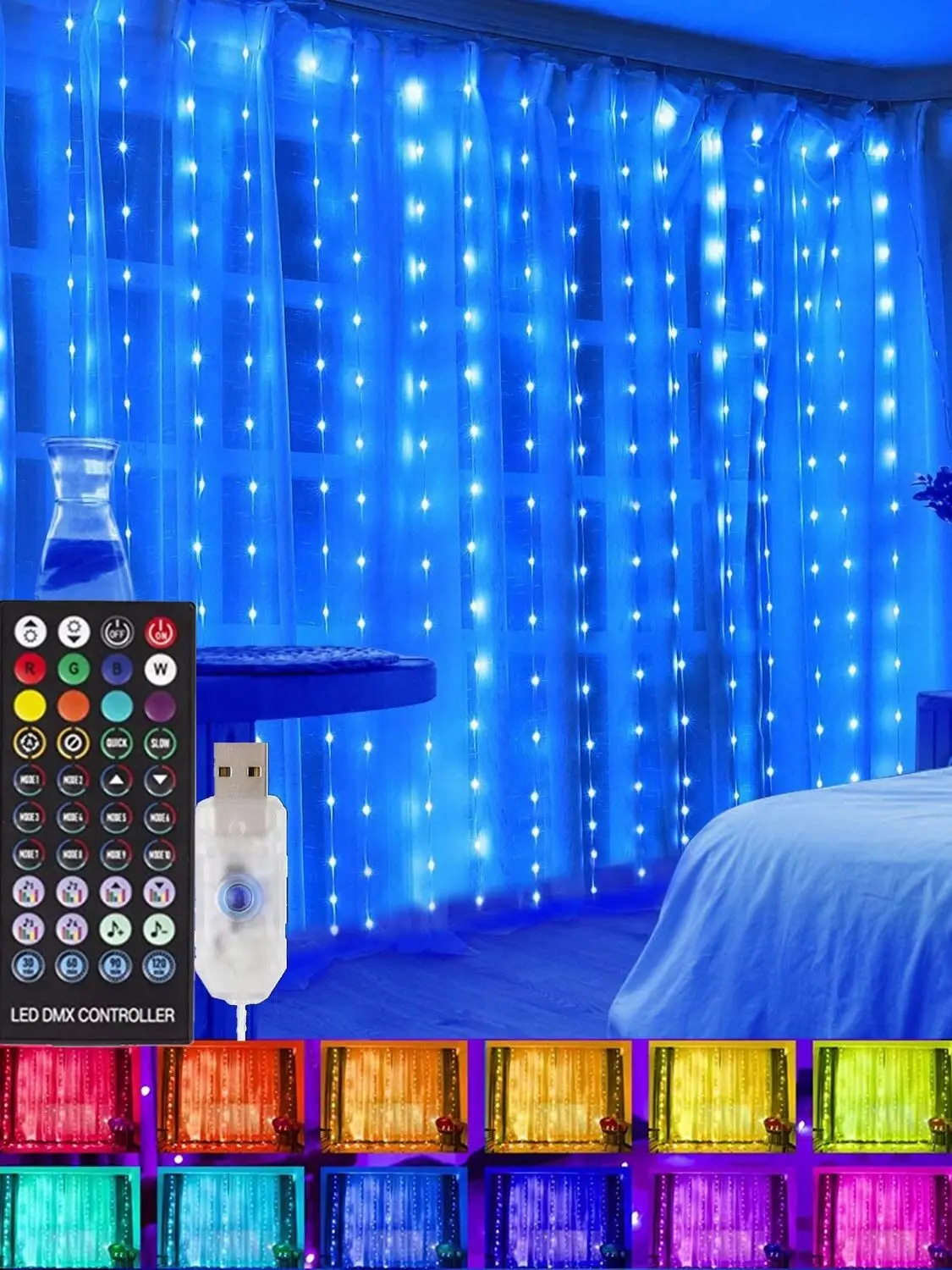 thumbnail image 1 of Guirnalda de luces LED inteligentes RGB para decoración navideña, aplicación remota, USB, cortina, lámpara de hadas de 3 m, para bodas, vacaciones, dormitorio y exteriores, 1 of 5