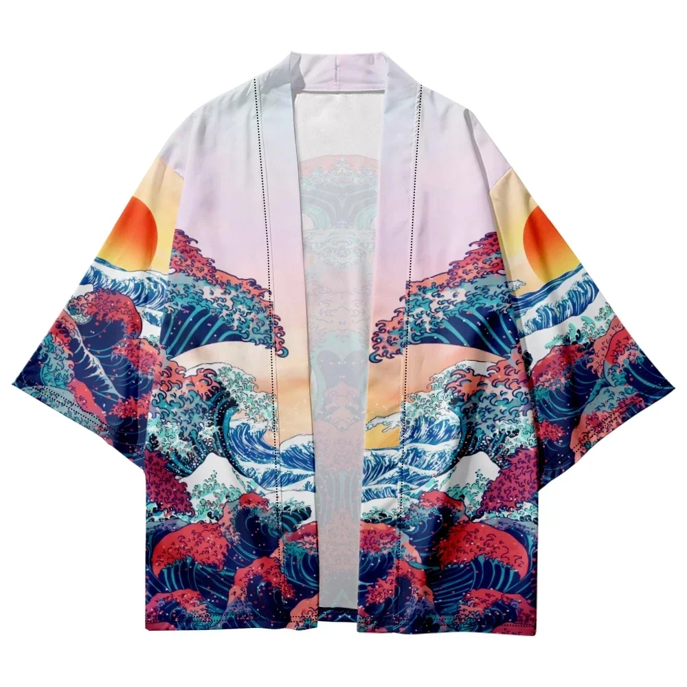 Japanese traditional wave print kimono Creative design haori shirts Street men and women cardigan beach yukata plus size