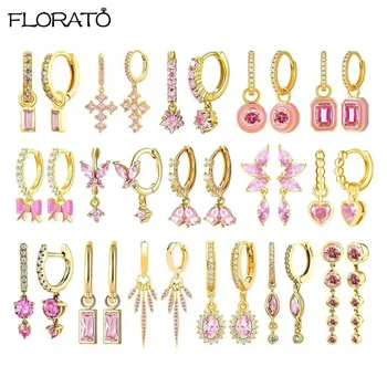 925 Sterling Silver Needle Cute Pink Heart Earrings 18K Gold Hoop Earrings for Women Fashion Puncture Jewelry Ear Accessories