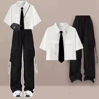 Girl 2026 Summer New Casual Tracksuit Matching Set Korean College Short-sleeve Shirt+Sport Wide Leg Cargo Pants Two-piece Suit - Image 4