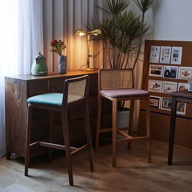 Home Living Room High-end Solid Wood Chair Ash Wood High Stool Homestay Hotel Creative Rattan Bar Chair