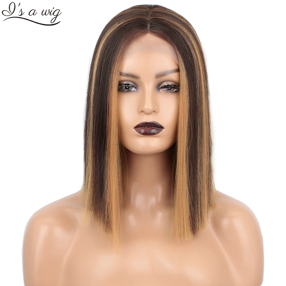 I's a wig Mixed Dark Brown and Blonde Color Synthetic Wigs Short Straight Bob Wig for Black Women Middle Part Natural Hairs