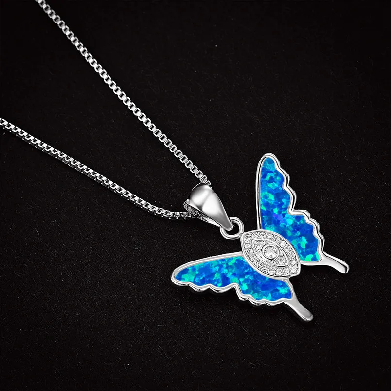 Female Cute Butterfly Pendant Necklace White Blue Opal Stone Animal Necklace Fashion Gold Silver Color Chain Necklaces For Women