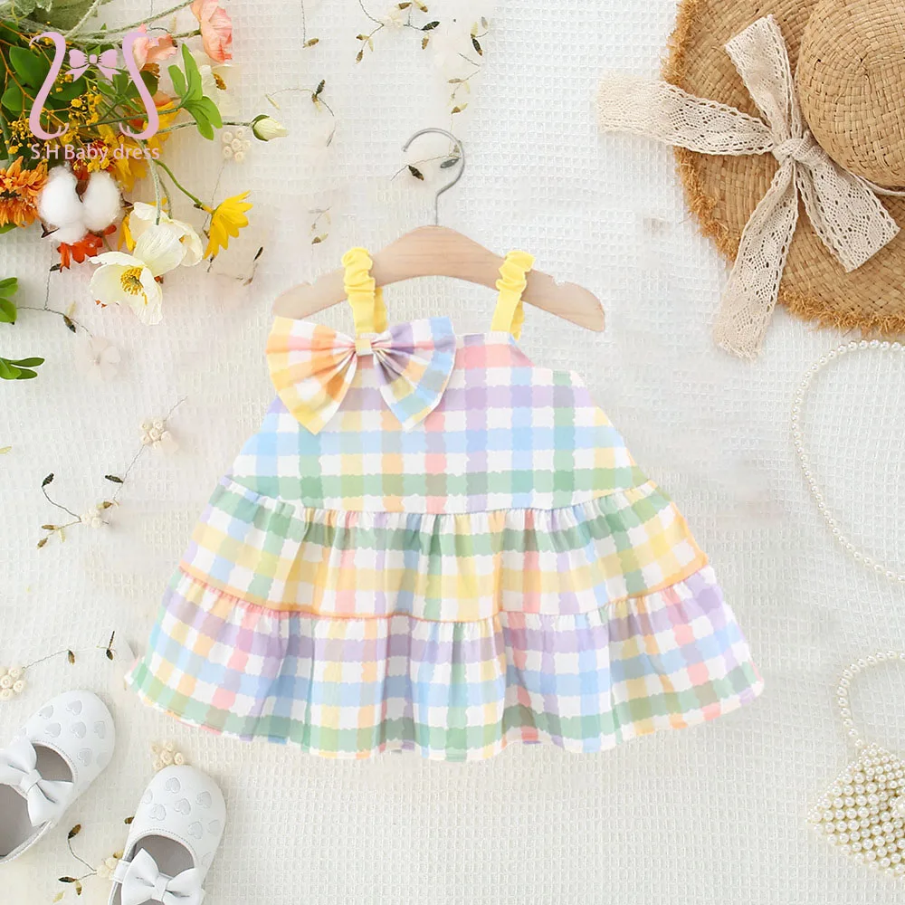 0-4 Y Infants Costume Colorful Children Summer Dress Sweet Bow Kid Dresses Polka Dots Plaid Baby Girl Sleeveless Clothes Toddler
