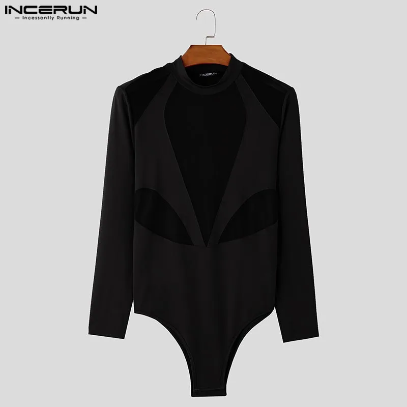 Men's Sexy Loungewear Fashion Thin O-neck Patchwork Jumpsuits Male See-though Thin Long Sleeved Bodysuits S-5XL