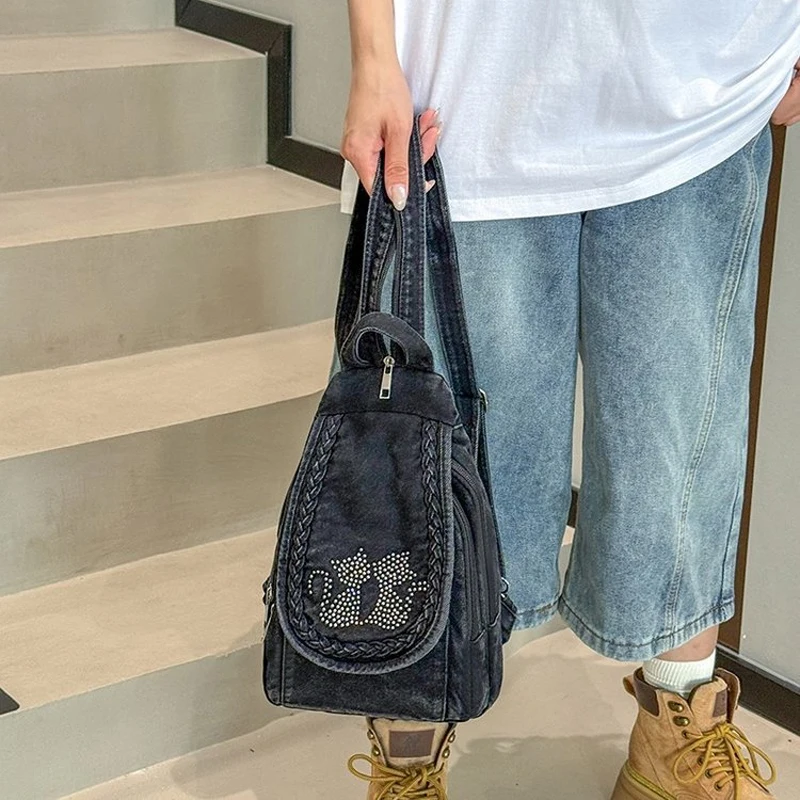 Zaini in Denim alla Moda per Donne, Piccola Borsa da Viaggio, Zainetto Femminile in Denim, Borse a Tracolla per Signore - immagine 4