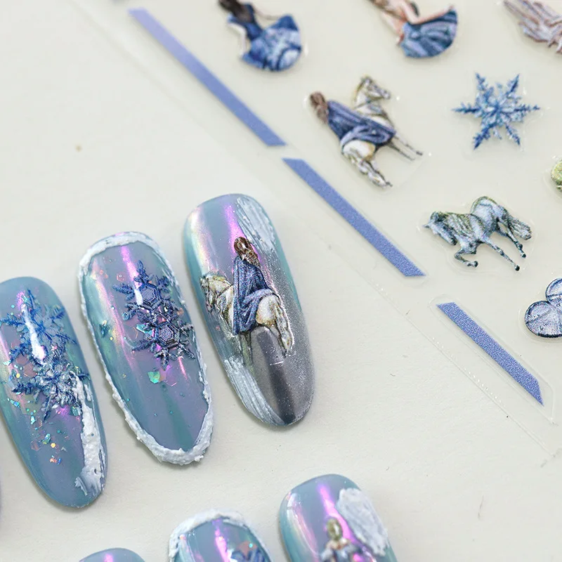 5D Realistic Relief Cool Blue Ice Snowflake Princess Horse Eye High Heels Adhesive Nail Art Stickers Decals Manicure Ornaments