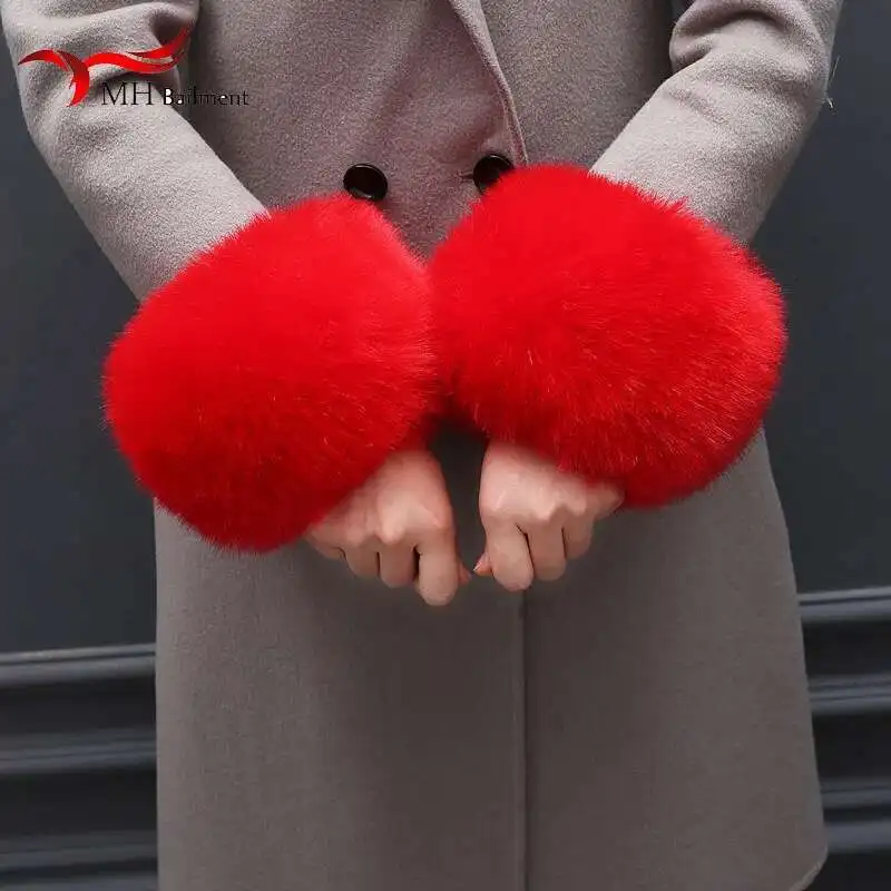 2025 Winter Fashion Black Fox Fur Cuffs Authentic Female Fox Fur Cuffs Women's Ladies Bracelet Wristband Arm Warm M1