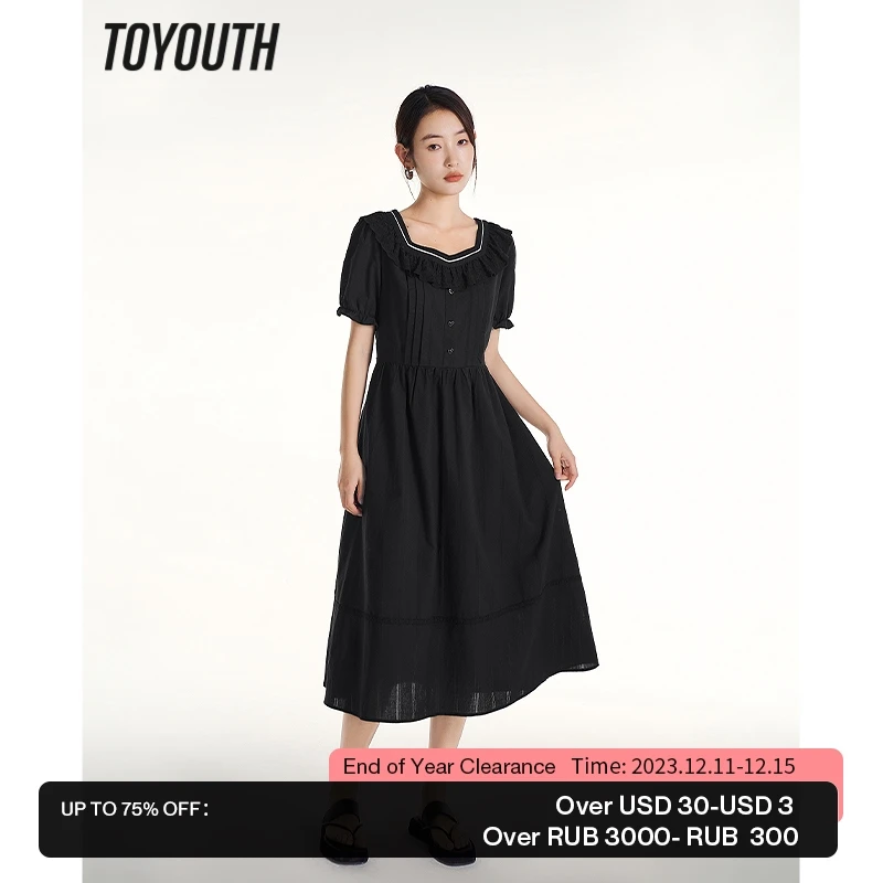 

Toyouth Women Dress 2023 Summer Short Sleeve Square Neck A-shape Slim Waist Lace Jacquard Cotton Elegant Holiday Black Skirt