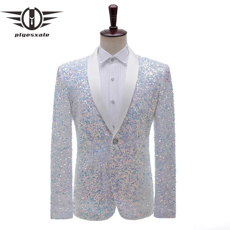 

Plyesxale Men's Fashion Shiny Colorful Silver White Green Sequin Blazer Glitter Nightclub Prom Suit Jacket Mens Stage Wear Q589