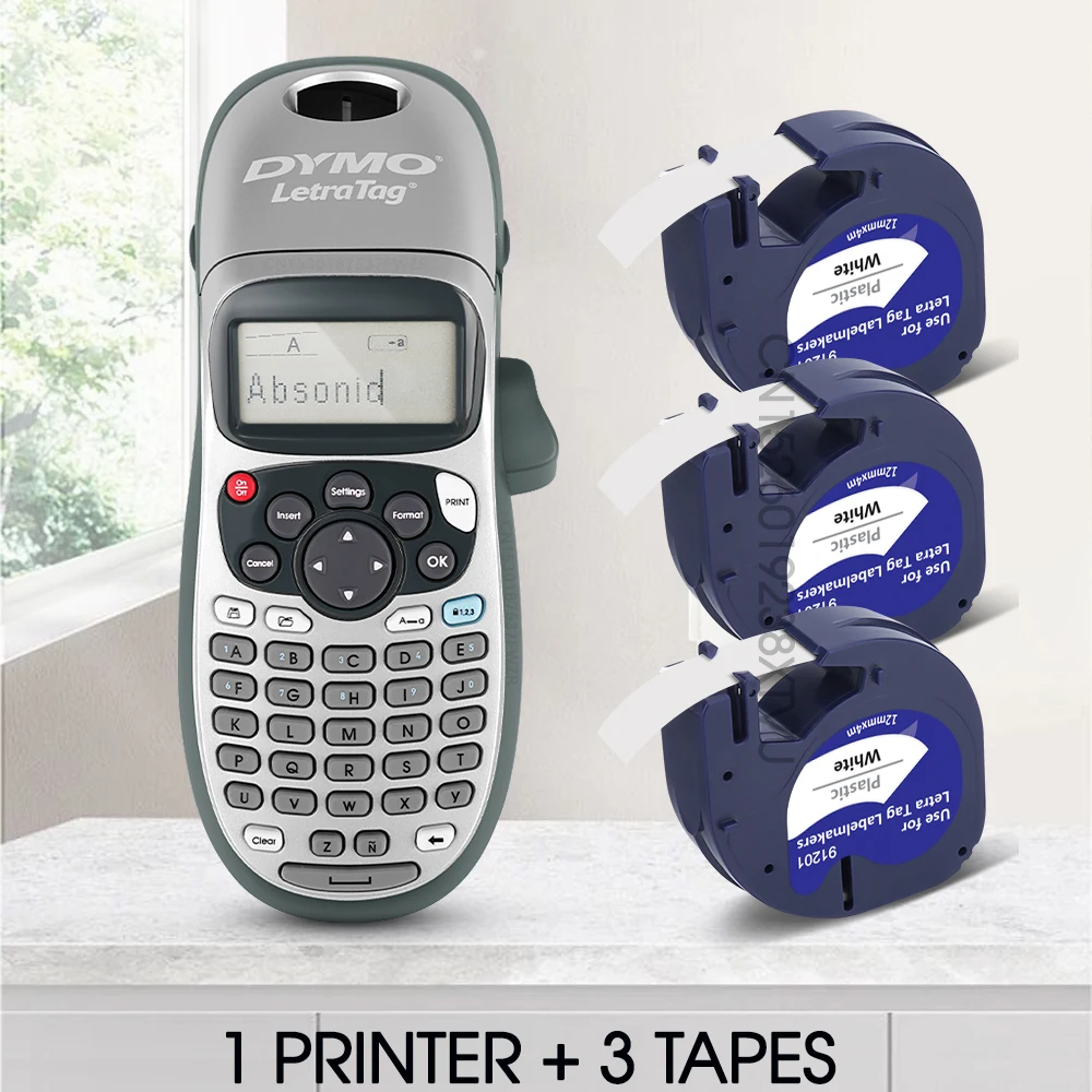 휴대용 리본 프린터 Dymo Letratag LT-100H, 3PK 12mm x4m 카트리지 라벨 포함 91201 91202 91203 91204 ..