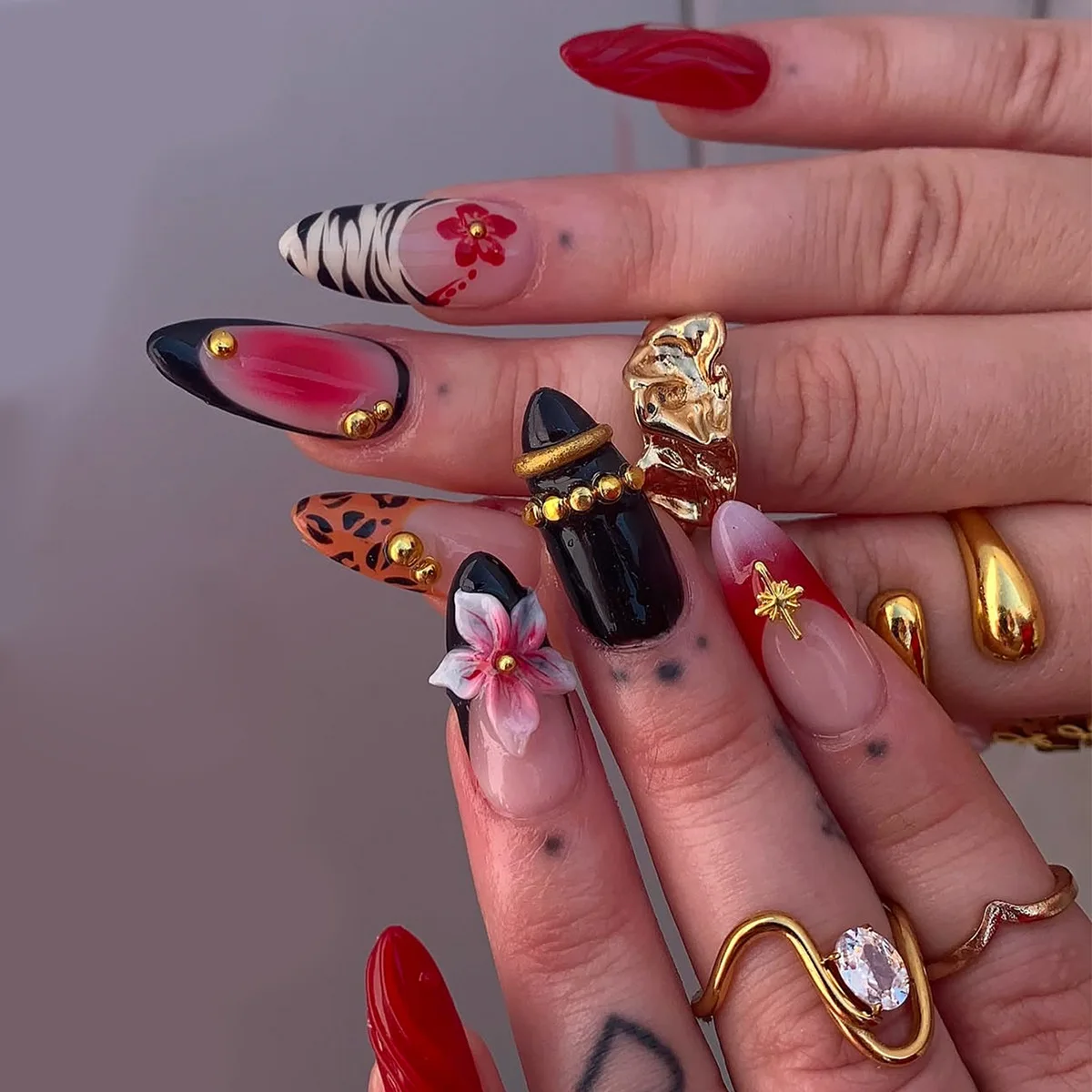 24PCS Pink Almond Press-On Nails with 3D Floral Design and Golden Pearl Accent