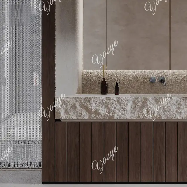 อ่างล้างหน้าคู่แบบวินเทจทำจากหินทราเวอร์ทีน พร้อมพื้นผิวแบบมีเท็กซ์เจอร์ ติดตั้งใต้เคาน์เตอร์ พร้อมท่อระบายน้ำแบบซ่อน  อ่างล้างหน้าสไตล์กลางศตวรรษ ทำจากหินเทียม 3