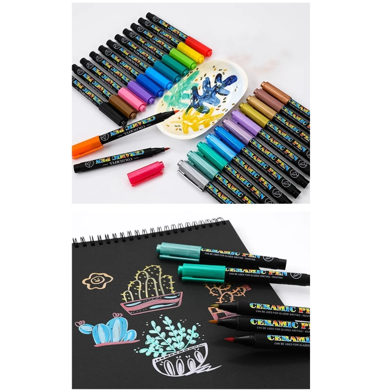 

12/24 Colors High Temperature Oven Baked Ceramic Marker Pen Set Acrylic Paint Pens for Rock Stone Glass Extra-fine Brush