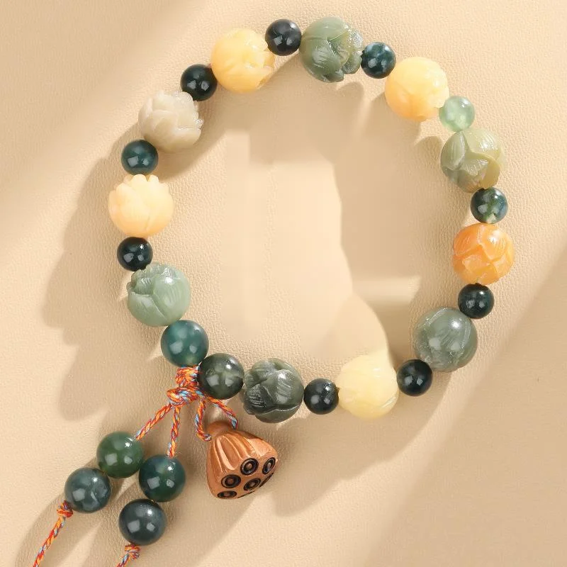 Lingyin Wealth God Same Style Rich Flower Lotus Colored Bodhi Green Sandalwood Water Grass Agate Handcarved Hand Strand, A Lot Of Money And Good Luck_voghion.com