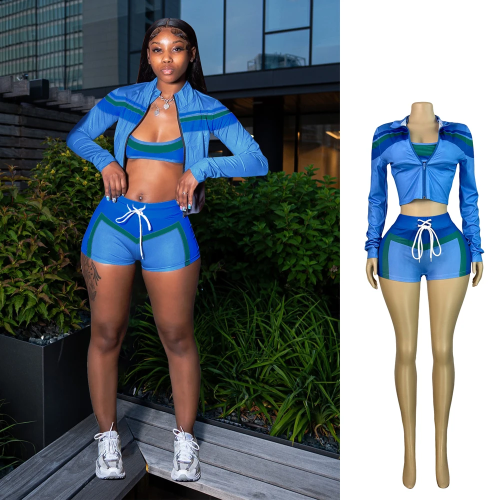 Women's 3-Piece Color Block Tracksuit Set - Sports Bra, Jacket, and Shorts