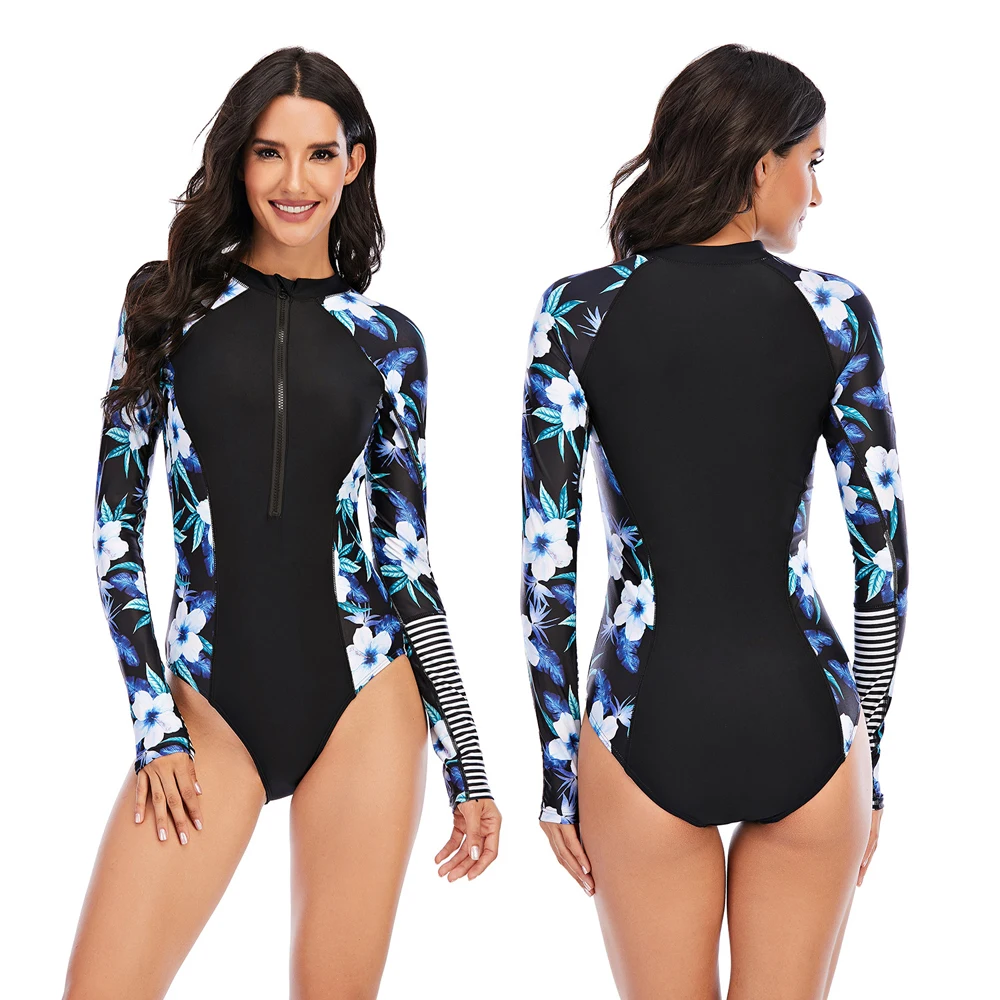 

Elegant Monokini Bathing Suit 1 Piece UV Sun Protection Swimsuit Lycra Surf Swimwear With Sleeve Zipper Water Pool Fit Clothes L