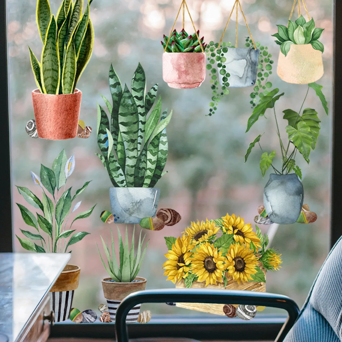 Fresh Green Plant Flower Pot Window Cling Sticker - Removable Static Decal for Home, Kitchen, Shop Decoration