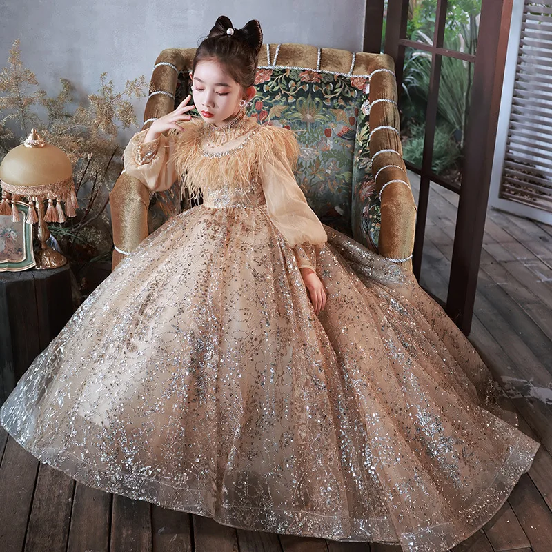 

Girls Sparkly Sequins Beading Tailing Evening Dresses Princess Long Sleeve Piano Performance Skirt