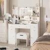Vanity Desk Mirror and Lights, Makeup Table Charging Station, 45in Vanity Set Comfortable Bench, Big Vanity 5 drawers 2