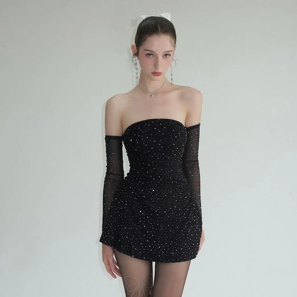 

Женское короткое платье с блестками Lygens, без бретелек, сексуальное облегающее мини-платье с перчатками, лето 2024, для вечеринки, клуба, элегантная вечерняя одежда Y2K