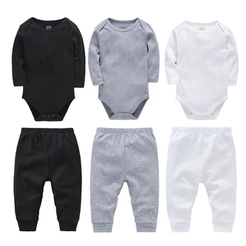 Set di 3 completi per neonati, 100% cotone, body a maniche lunghe + pantaloni elasticizzati, 6 pezzi, completo tinta unita per neonati maschi e femmine, 0-24 mesi