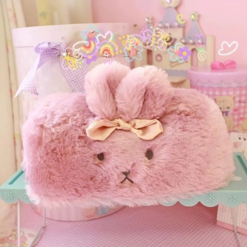 Toilet Paper Holder Tissue Box Napkin Holder Cute Pink Rabbit Tissue Cover Soft Plush Tissues Storage Box Kawaii Girls Bedroom Home Decor Toilet Paper Holder Napkin Case