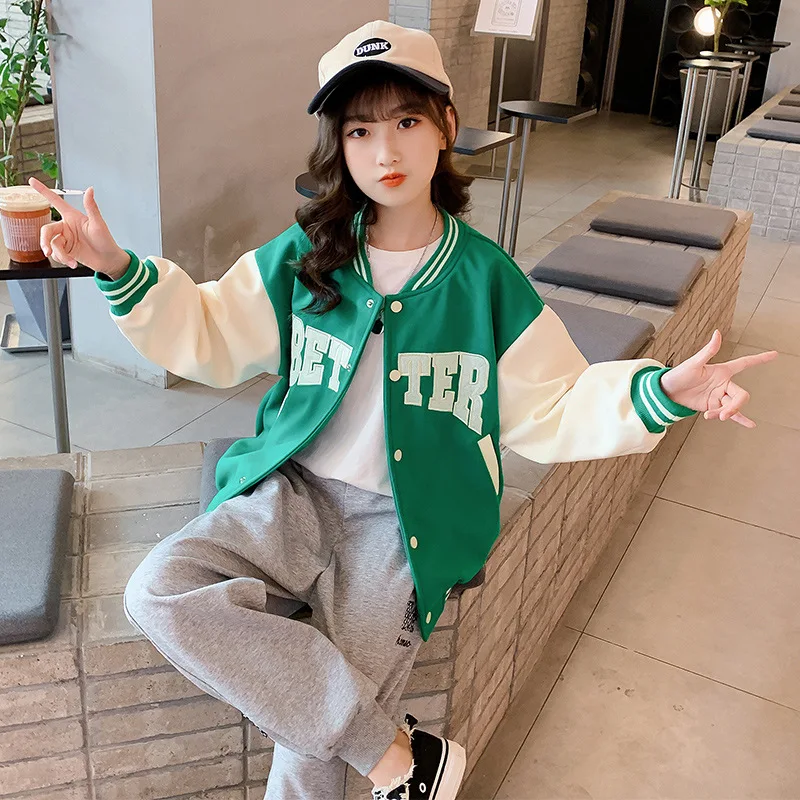 Kids Sweatshirt Varsity Jacket GREEN/WHITE