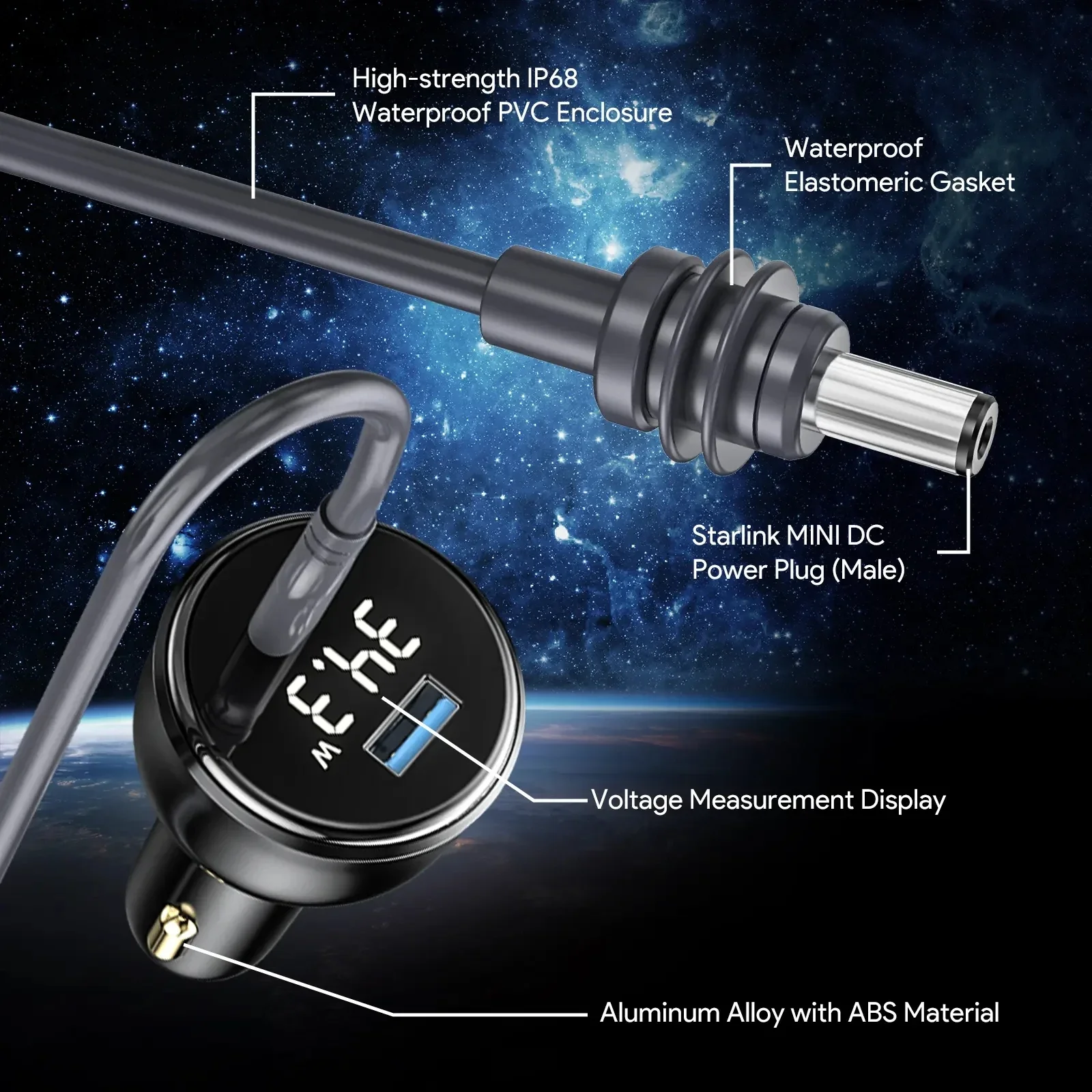 For Starlink Mini Power Cable 2M/3M 12V-24V Cigarrete Lighter Adapter to DC Power Cable with USB Type-C Port and Voltmeter power adapter power cable