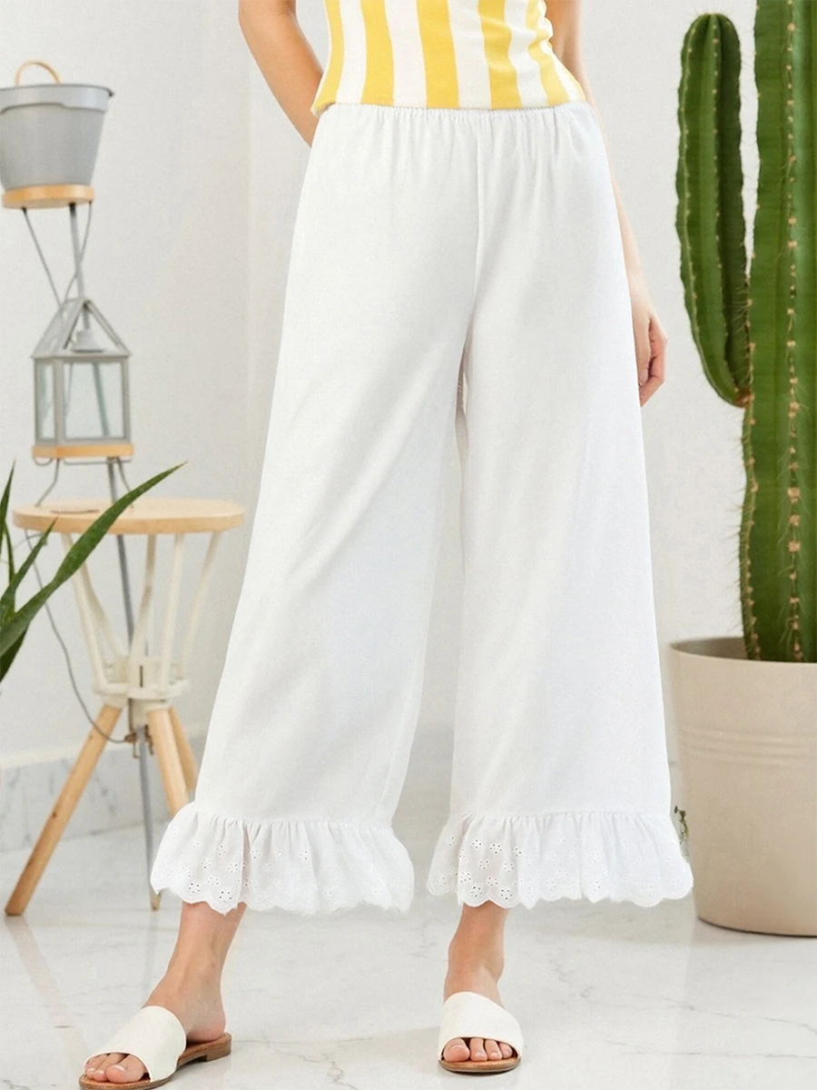 Ladies Lightweight Linen Blend Cropped Trousers with Elastic Waistband and Side Pockets Casual Wide Leg Capri Pants for