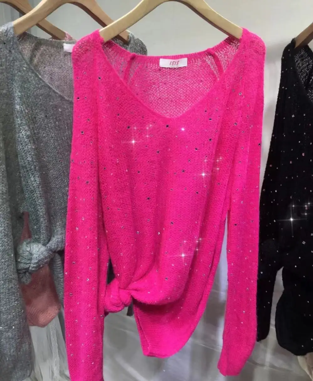 

HIgh Street Diamonds Rhinestones Loose Long Sweater Women 2023 Autumn Winter New Fashion V-neck Long Sleeve Knitted Pullover