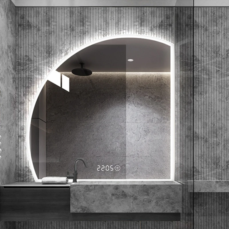 Bathroom mirror frameless touch sensor Bluetooth decorative wall mounted intelligent bathroom half moon mirror with LED light