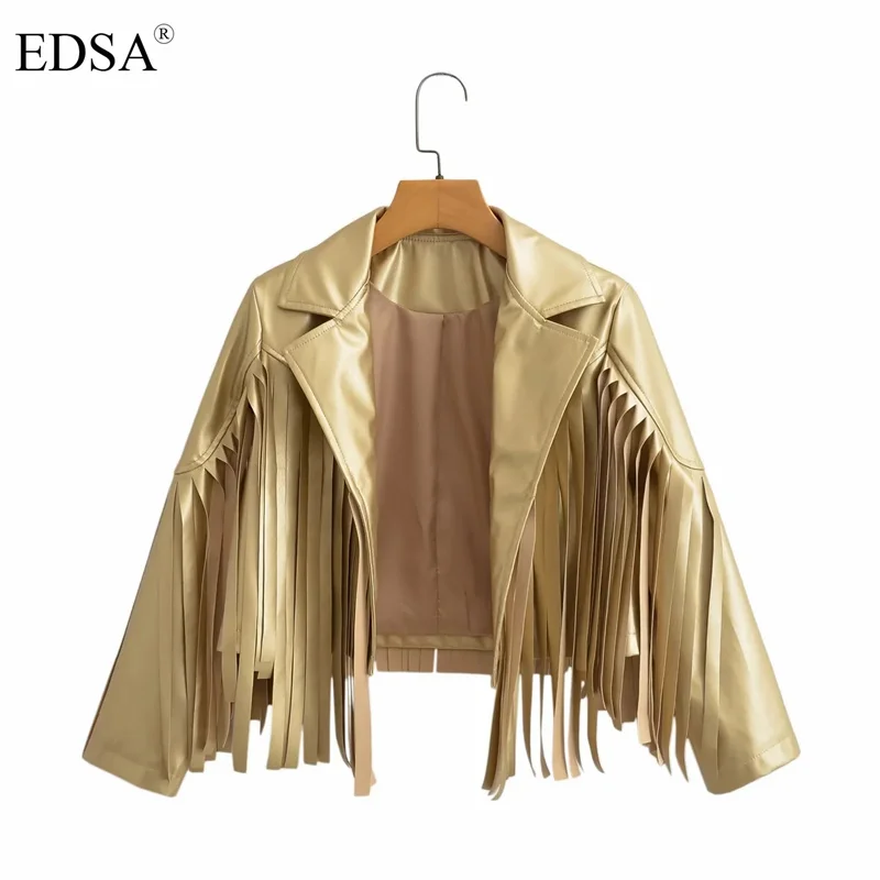 

EDSA Women Fahsion Glossy Jacket New Turn-down Collar with Tassels Chic Coat Cropped Blouse Tops Outerwear
