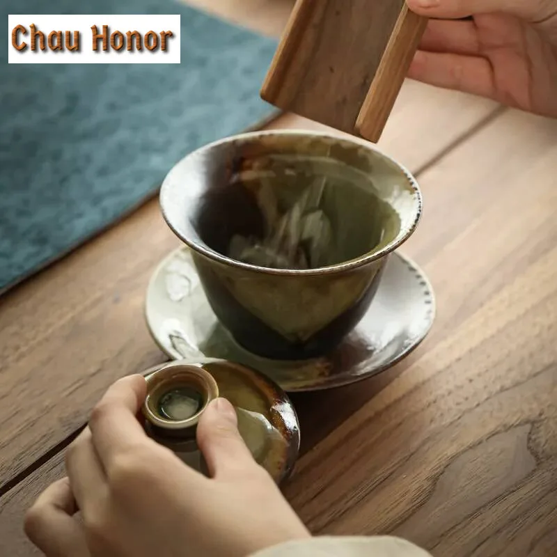 200ml Handmade Wood-fired Ceramic Tea Tureen Retro Coarse Pottery Tea Maker Gaiwan with Lid Household Single Kung Fu Teaware Set