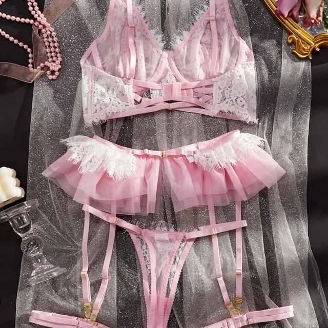 Lace Pleated Lingerie Four Piece Set 3