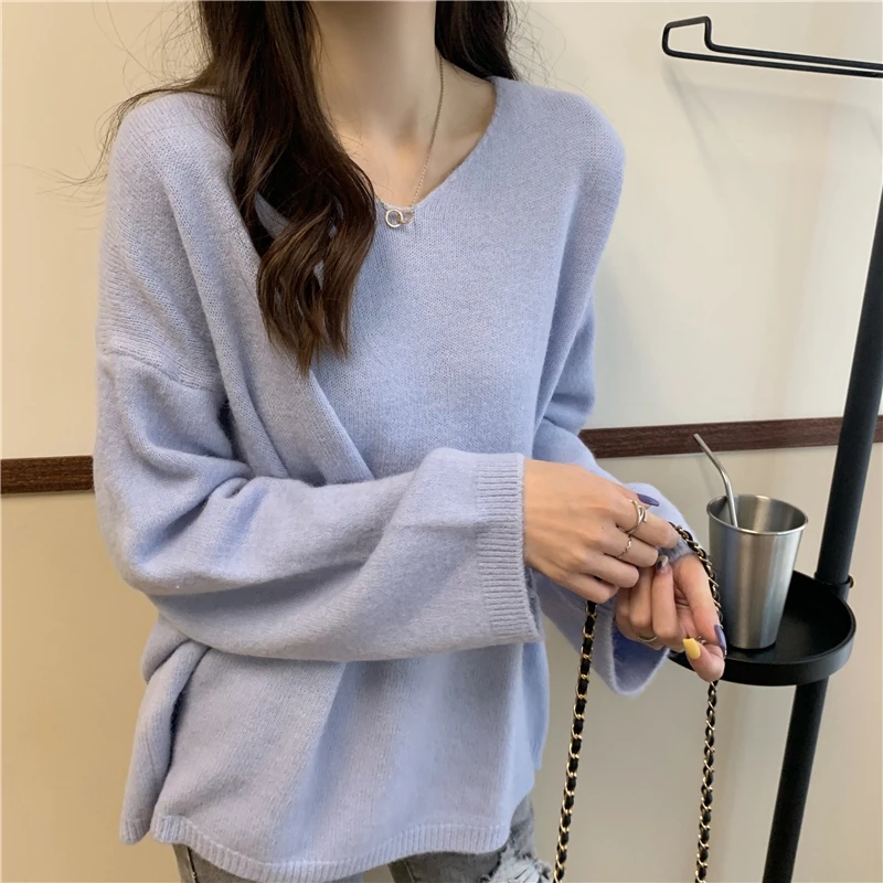 V-neck Pullovers Women Solid Candy Colors Sweet Harajuku High Street Loose-fit Long Sleeve Sweaters Ulzzang Knitted Pullover Ins striped sweater