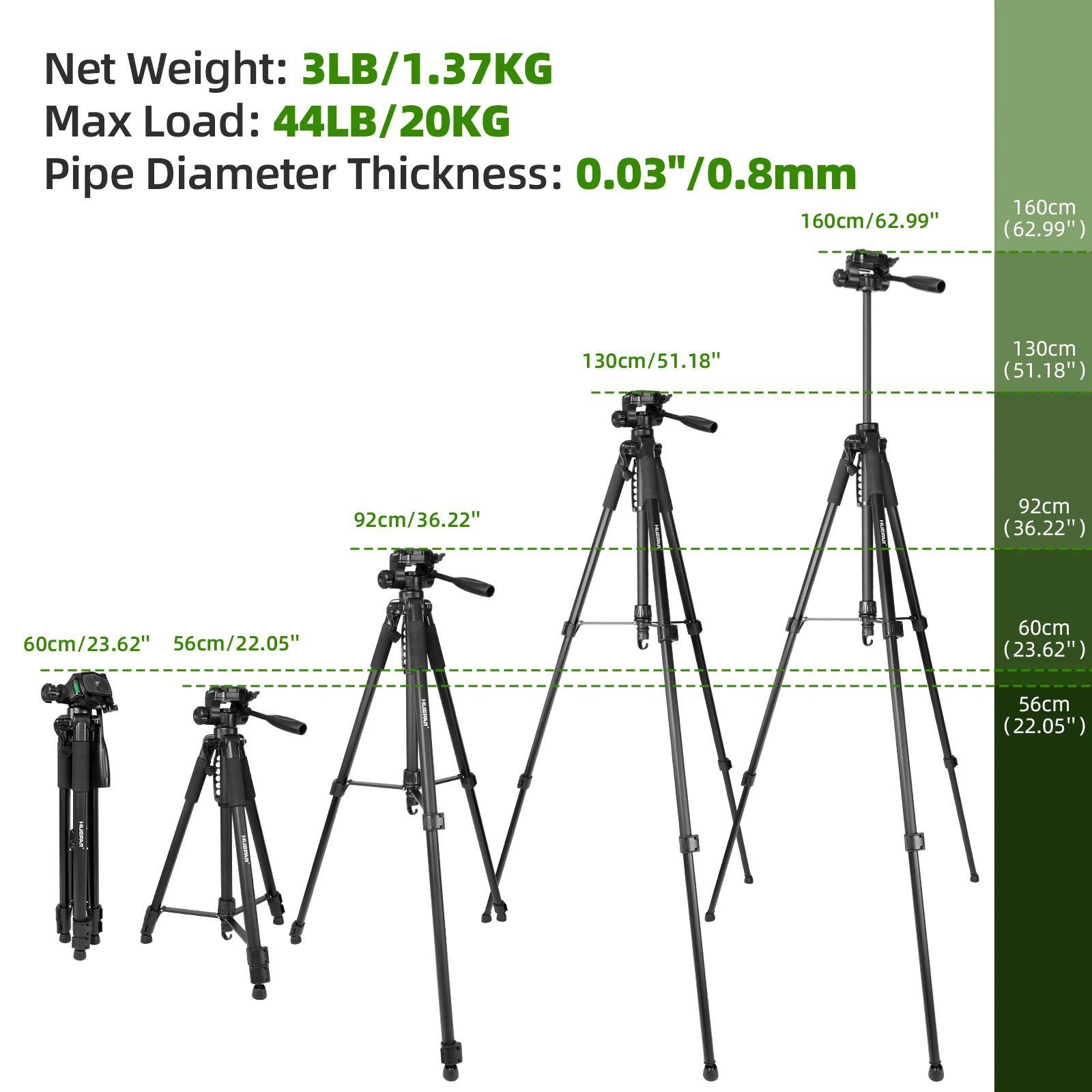 Huepar Tripod For Laser Level 1.6M/62.99'' Stand Adjustable Height With Swivel P