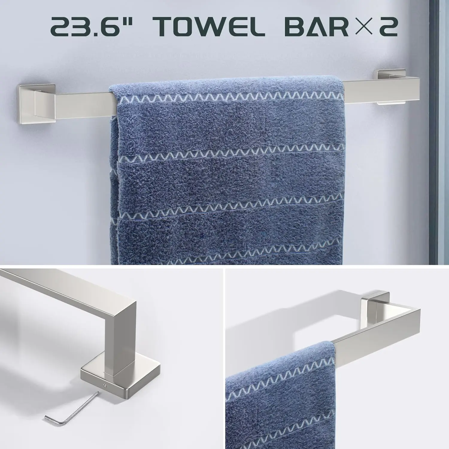 7-Piece Bathroom Set. Brushed Nickel. 23" Towel Bars, Rack, Stainless Steel Accessories. Wall-Mounted.