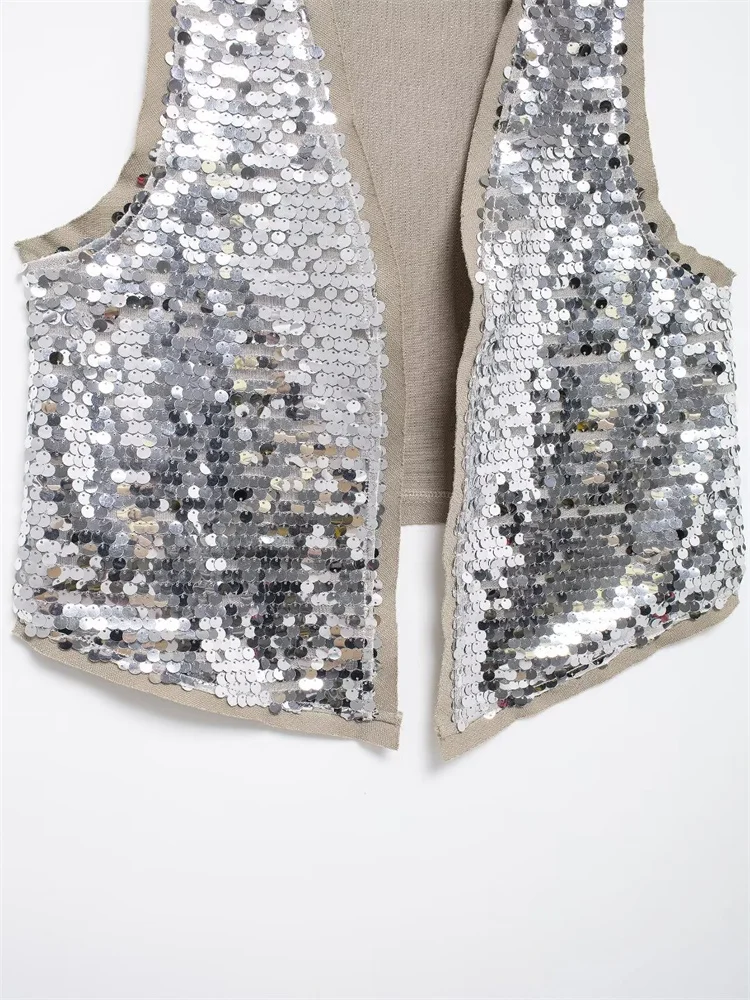 Zevity Women Euro V Neck Sequined Design Patchwork Vest Jacket Lady Sleeveless Open Stitching Casual Retro WaistCoat Tops CT6229 4