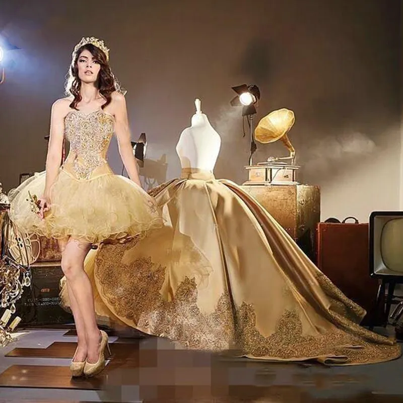 

2023 Gold Quinceanera Dresses with Detachable Skirt Lace Appliques Beads Tiered Sweetheart 16 Sweet Party Gowns Vestido 15 Anos