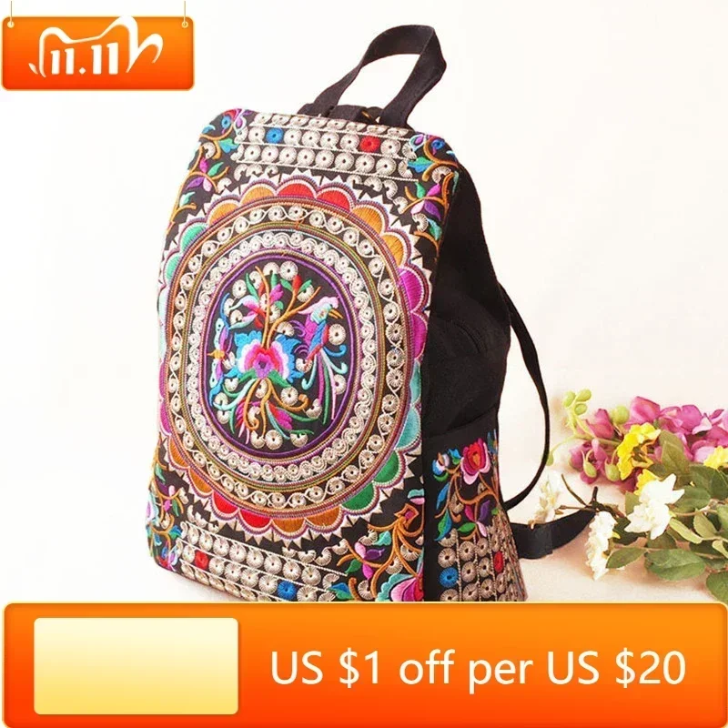 

Vintage Artistic Embroidered Women Canvas Backpacks Handmade Floral Embroidery Rucksack Schoolbag Denim Travel Bags