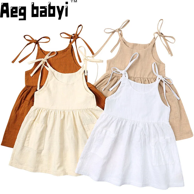 

Children Girls Summer Casual Dress Solid Suspender With Pocket Cute Clothes For 1-6T Girls Princess Wedding Party Gift Costume