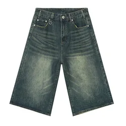 Vintage Korean Style Wide Leg Denim Shorts for Men - Washed Fashion Summer Jeans (Retro Blue)
