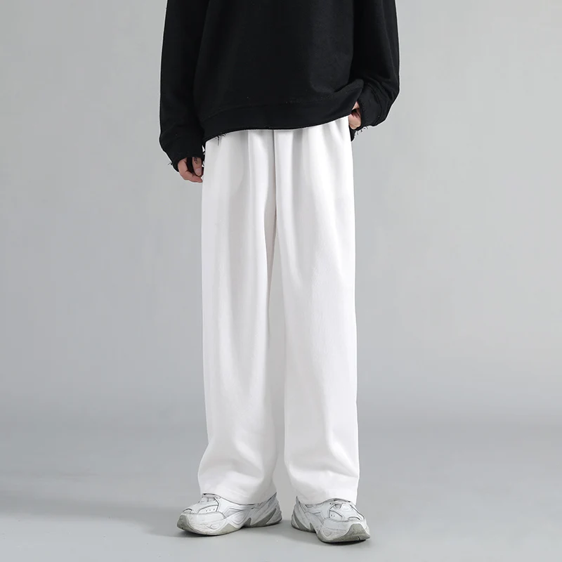 Spring Autumn Men's Solid High Waist Pockets Elastic Loose Casual Wide Leg Trousers Fashion Preppy Style Office Lady Pants