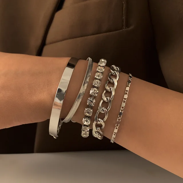 5Pcs/Set Hip Hop Heavy Metal Rhinestone Chain Bracelets Women Adjustable Crystal Multilayer Bangles Set Girls Hand Jewelry Gift 4