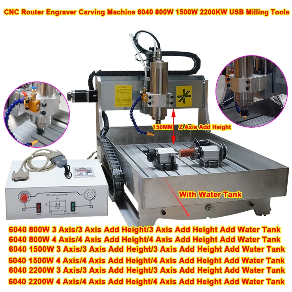 

CNC Router Machine 6040 Milling Carving Engraver with Water Tank Add Height 2.2KW 1.5KW Spindle 4 Axis 0.8KW Wood Working Device